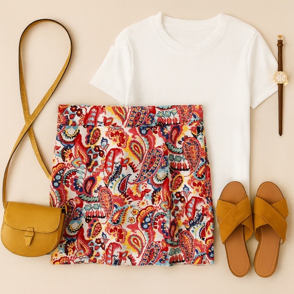 Talbots Skirt 16 Multicolor Paisley Cotton Mini Zip Back Stretch - Picture 2 of 9